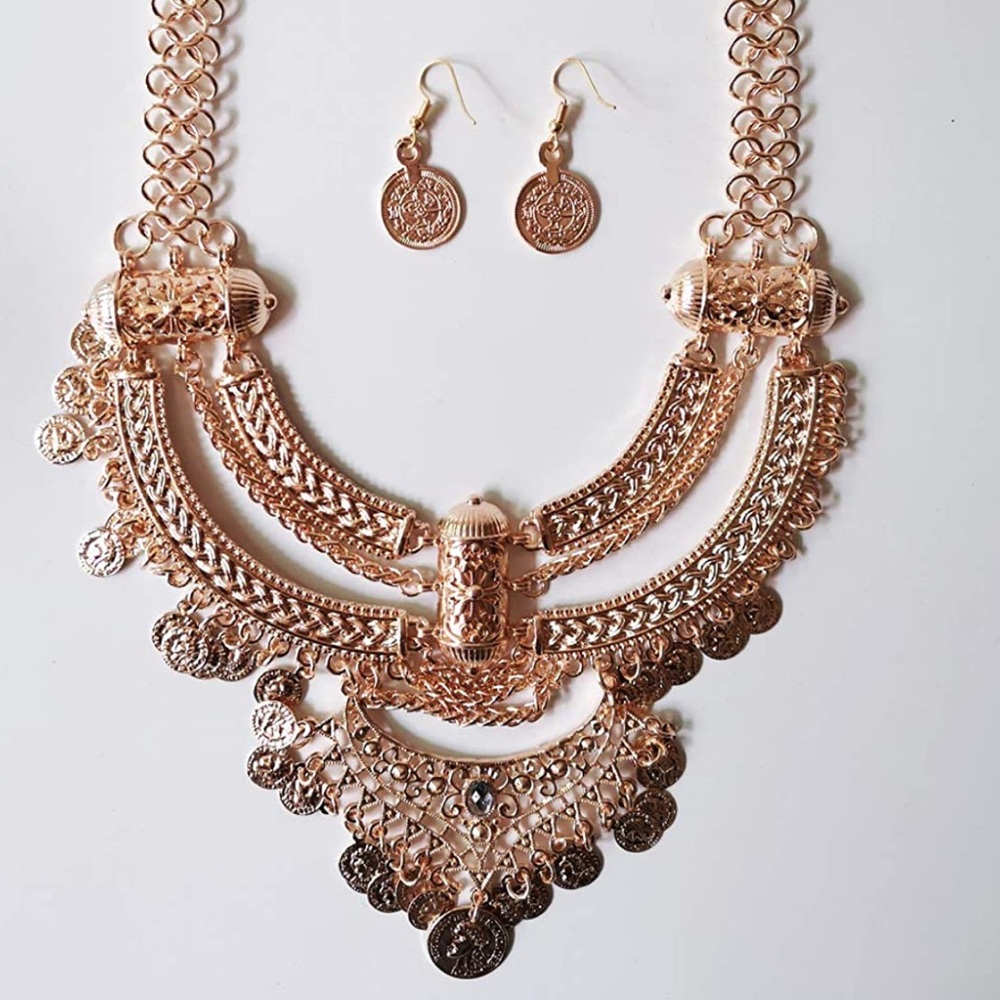 [ROSEGOLD] Exotic Bib Coin Necklace+Earring Set - Picture 2 of 7